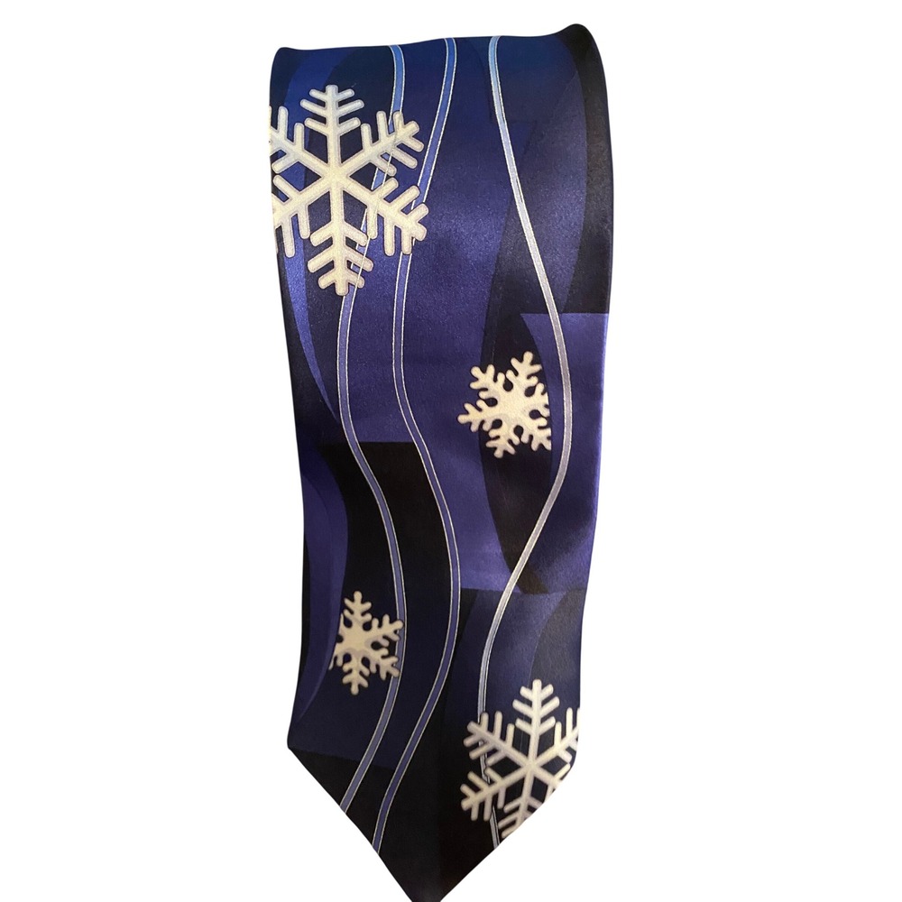 Holidays Mens Silk Tie Blue Navy Snowflake Winter Christmas Handmade Necktie